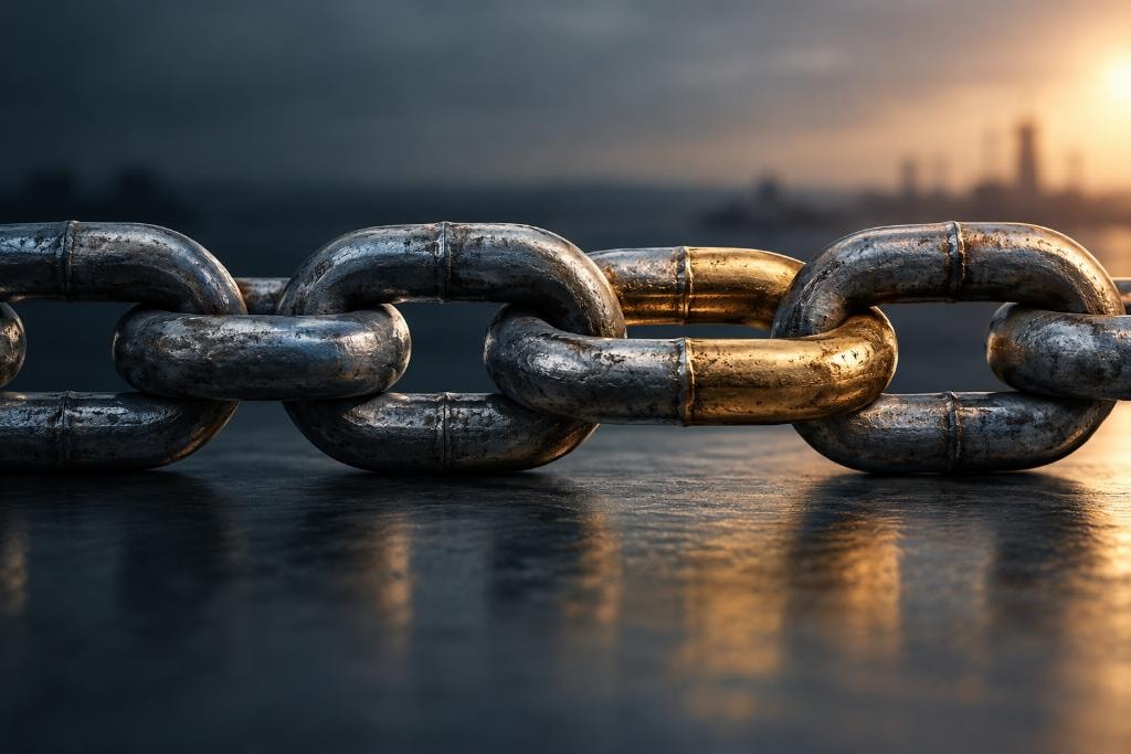 Heavy-duty chain links with a single gold link — a visual metaphor for the critical connection in any commercial relationship